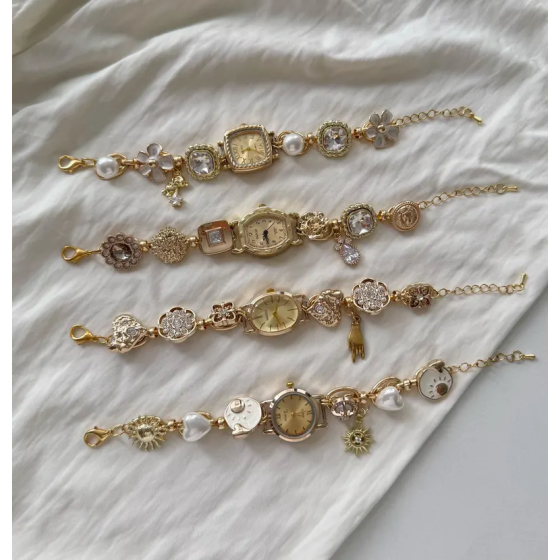 Retro Charms Watch Bracelet,Gold Plated Pearl & Bead Charms Jewelry,Feminine Romantic Timepiece,Dainty Wristwatch,Custom Gift for Women