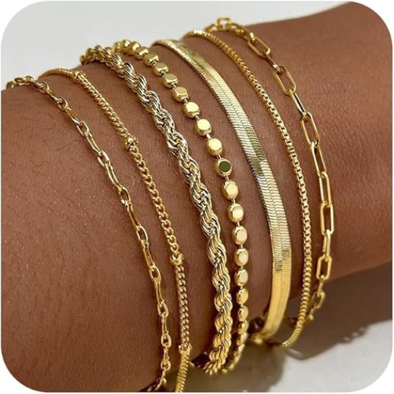 Gold Bracelets for Women,Dainty 14K Gold Plated Stack Set Trendy Stackable non tarnish Paperclip Chain Bracelets Gold Jewelry Sets Gifts for Women