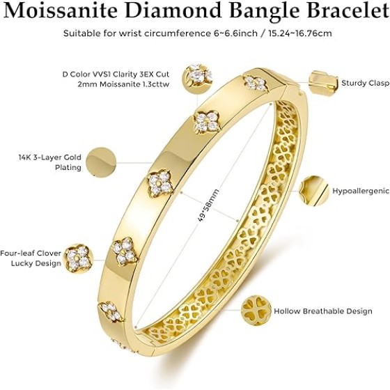 Moissanite Bangle Bracelets for Women, 14K Gold Plated Four Leaf Clover Bracelet with D Color VVS1 Moissanite, Lucky Jewelry Gift for Her