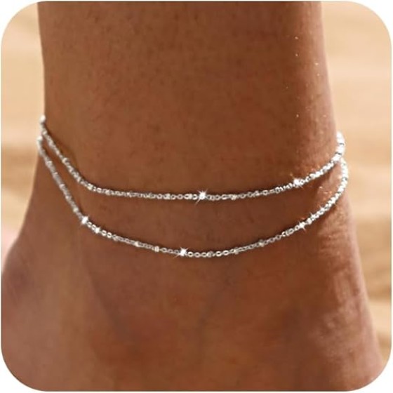 LEXODY Silver/Gold Anklets for Women, Sterling Silver Evil Eye Ankle Bracelets for Women Trendy Dainty Waterproof Anklets Set Adjustable Layered Anklet Bracelets for Women Silver Jewelry Gift