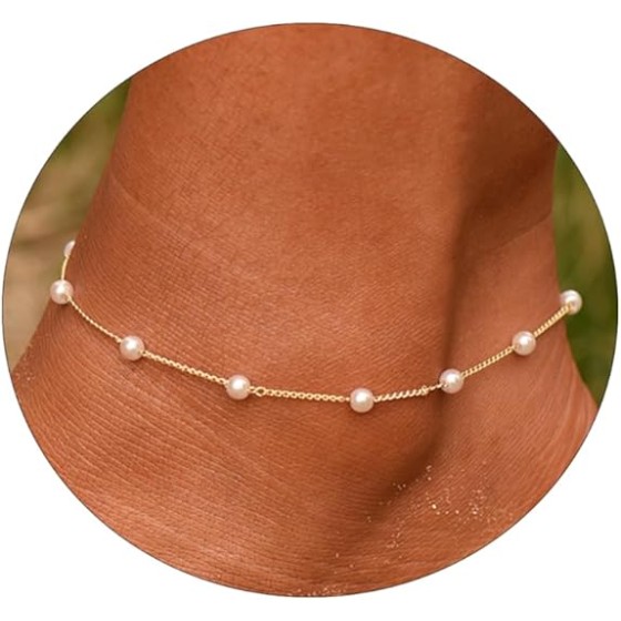 MOLEVY Ankle Bracelets for Women 14K Gold Plated Anklet Silver Anklets Waterproof Evil Eye Beaded Pearl Tennis Crystal Heart Cuba Link Chain Anklets Dainty Jewelry Gift for Her