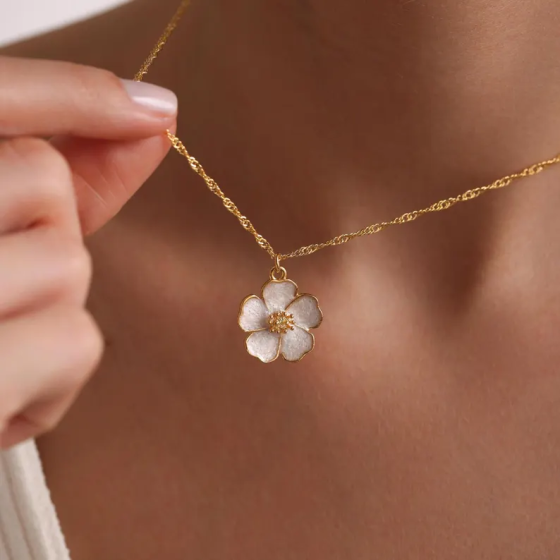 Gold Plated Enamel Sakura Flower Necklace, Flower Necklace, Gold Sakura Flower Necklace, Christmas Gift, Gift for her, Everyday Necklace